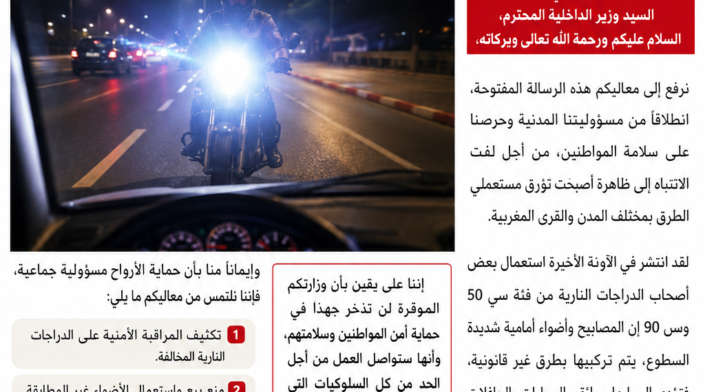 رسالة مفتوحة إلى السيد وزير الداخليةالأضواء القوية غير القانونية في الدراجات النارية… خطر يهدد سلامة مستعملي الطريق ،،،